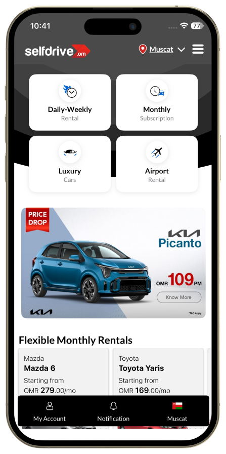 A cell phone showing a SelfDrive car rental application with offers and booking options