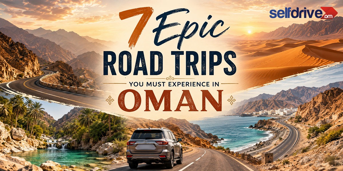 7 Epic Road Trips You Must Experience in Oman promotional banner featuring stunning Omani landscapes, including mountain roads, desert dunes, coastal highways, and lush wadis. A modern SUV drives along a scenic coastal route with the SelfDrive logo in the top-right corner, highlighting Oman road trip adventures and self-drive car rentals.